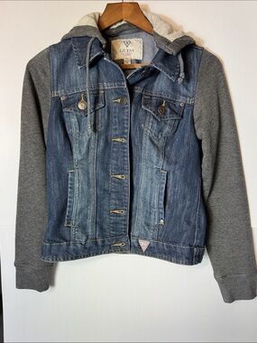 GUESS Blue Denim Jacket with Gray Hoodie Sleeves - small
